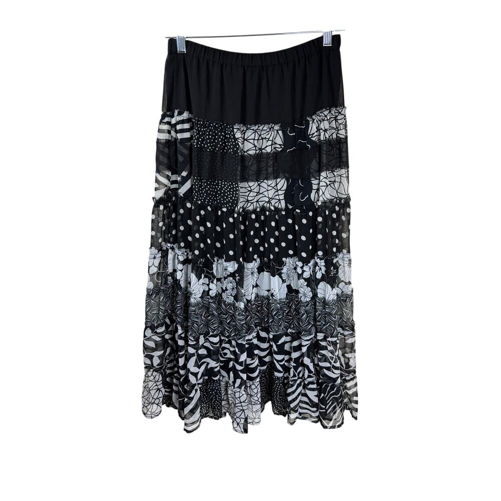Womens Patchwork Tiered Maxi Skirt Sz M Polka Dot Floral Boho Artsy Whimsigoth